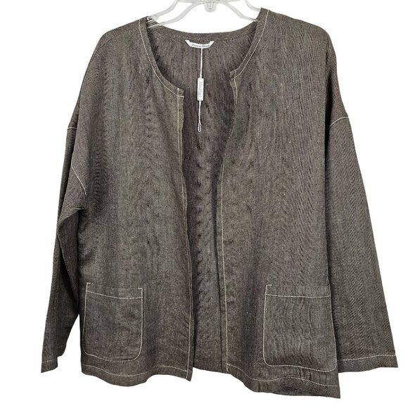 Womens Business Casual Office Pure Linen Cardigan Jacket Max Mara Gray Brown 12 - Picture 2 of 16